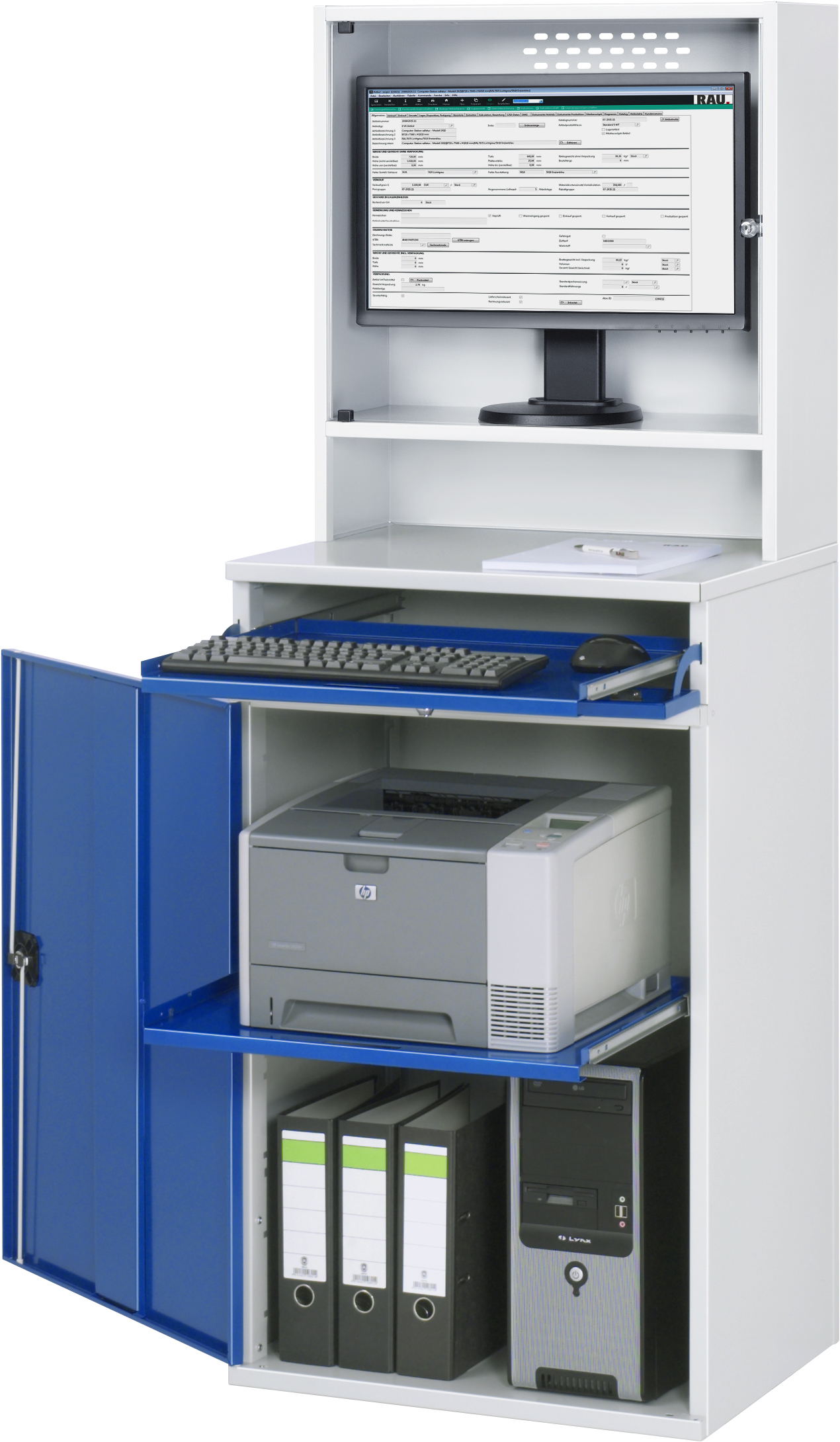 Computer cabinet with monitor housing - Width 650 x depth 520 x height 1770 mm, keyboard compartment and hinged door compartment, fully assembled  