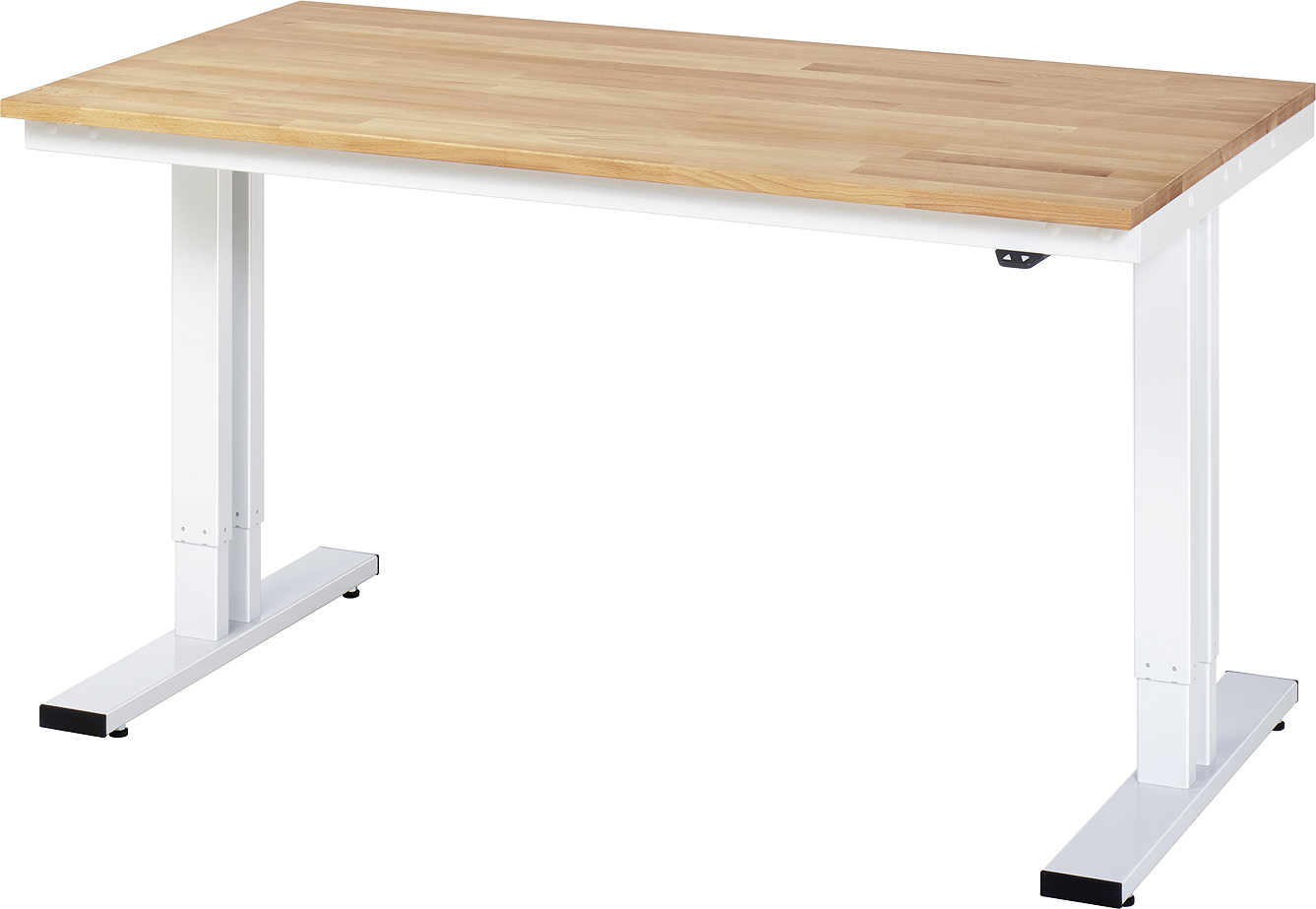 Electrically height-adjustable workbench adlatus - Width 1500 x depth 800 x height 720-1120 mm with solid beech worktop, surface load max. 300 kg, fully assembled  