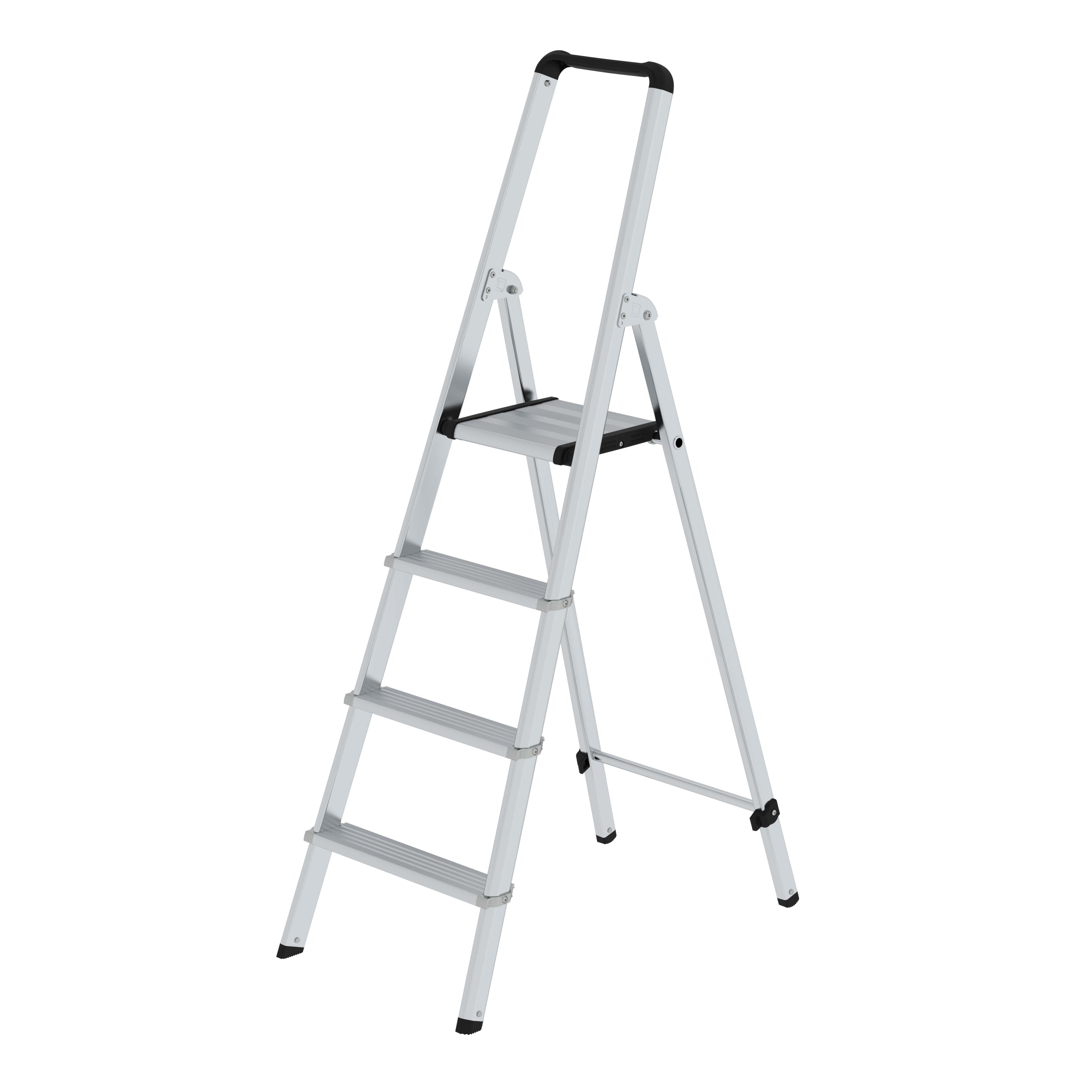 ML Stufen-Stehleiter einseitig begehbar, 4 Stufen - Leiter aus Aluminium, ergonomisch geformte Leiterholme, 80 mm tiefe, geriffelte Stufen, große Plattform, sicherer Stand 