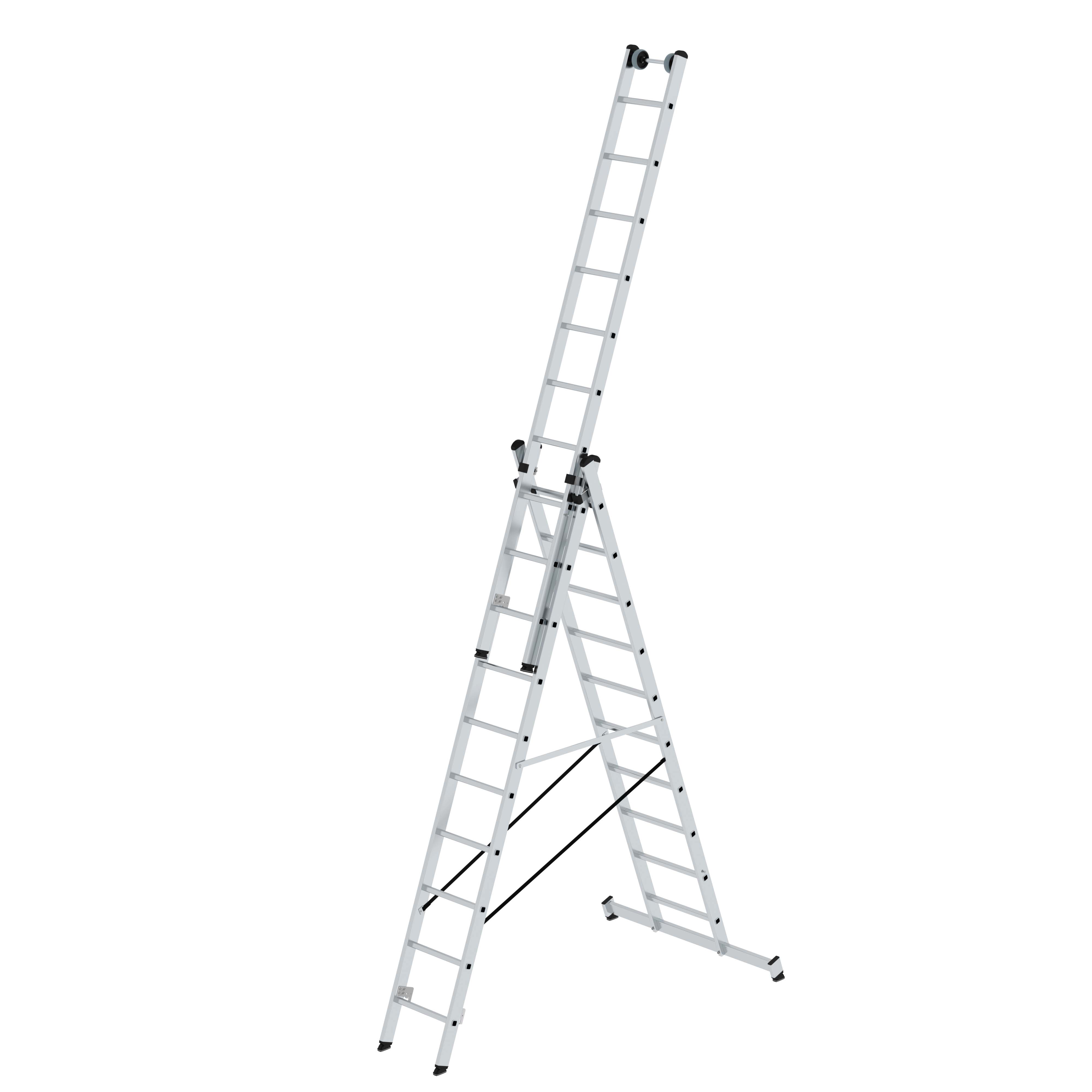 Sprossen-Mehrzweckleiter 3-teilig mit Traverse  -  Leiteraus Aluminium, 4 x 3 Sprossen, einsetzbar als Steh- und Anlegeleiter sowie optional als Arbeitsbühne 