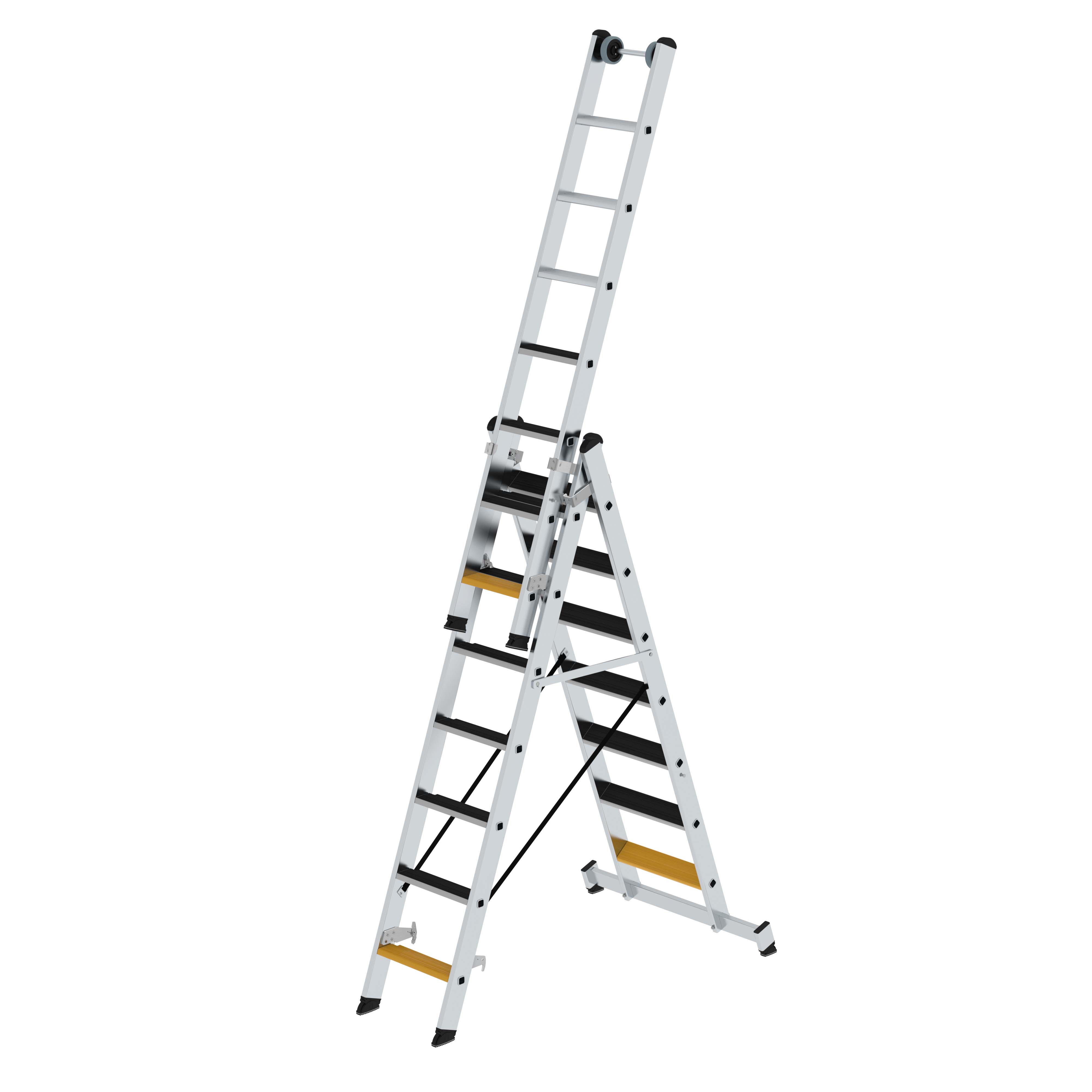 3 x 7 Stufen, Leiter aus Aluminium, 80 mm tiefe Stufen, einfache Höhenverstellung, Steh-, Anlege- und Schiebeleiter