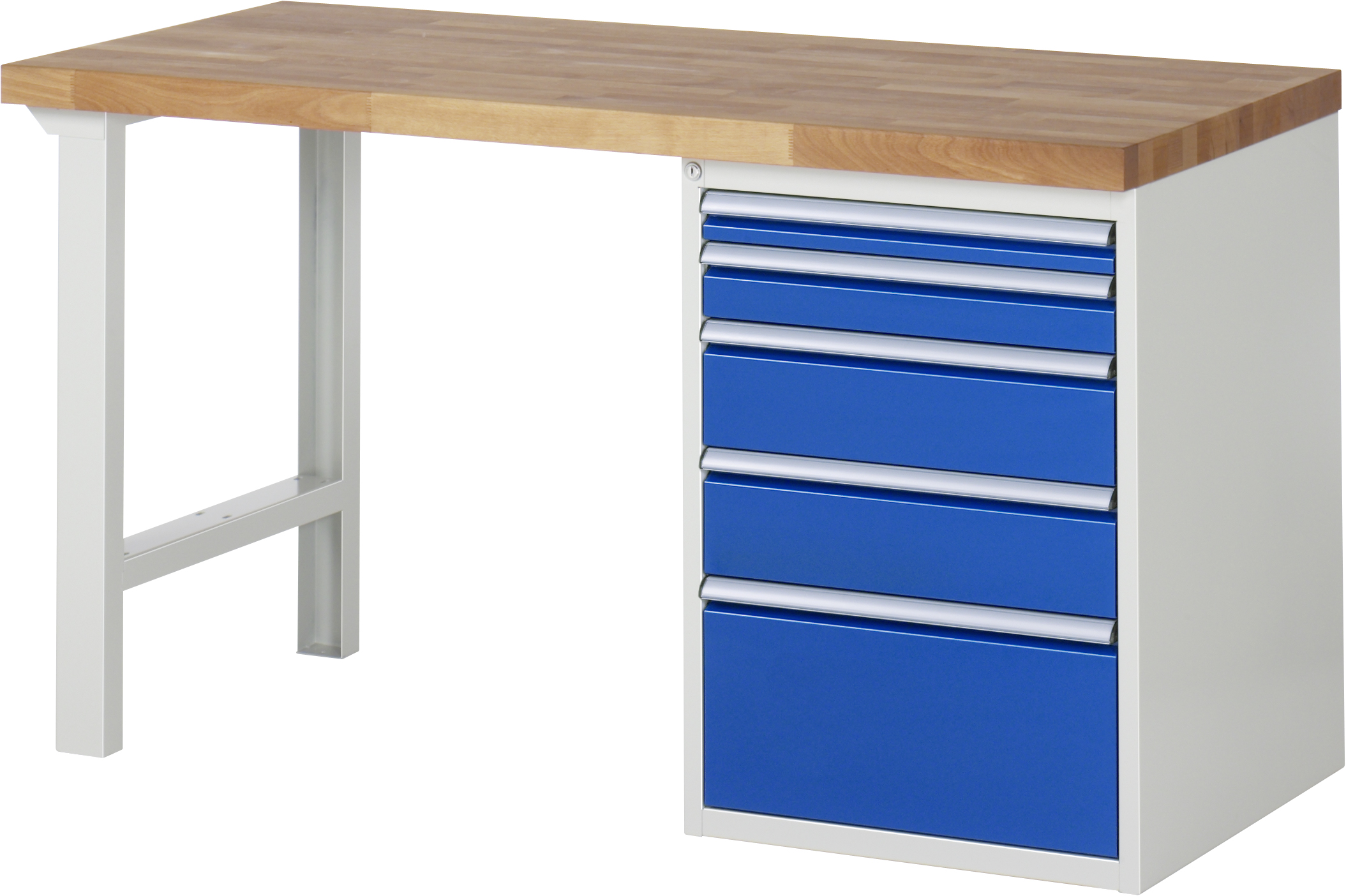 Workbench with 5 drawers (60-90-150-150-270)  - Width 1500 x depth 700 x height 890 mm with solid beech worktop, surface load max. 1000 kg, fully assembled 