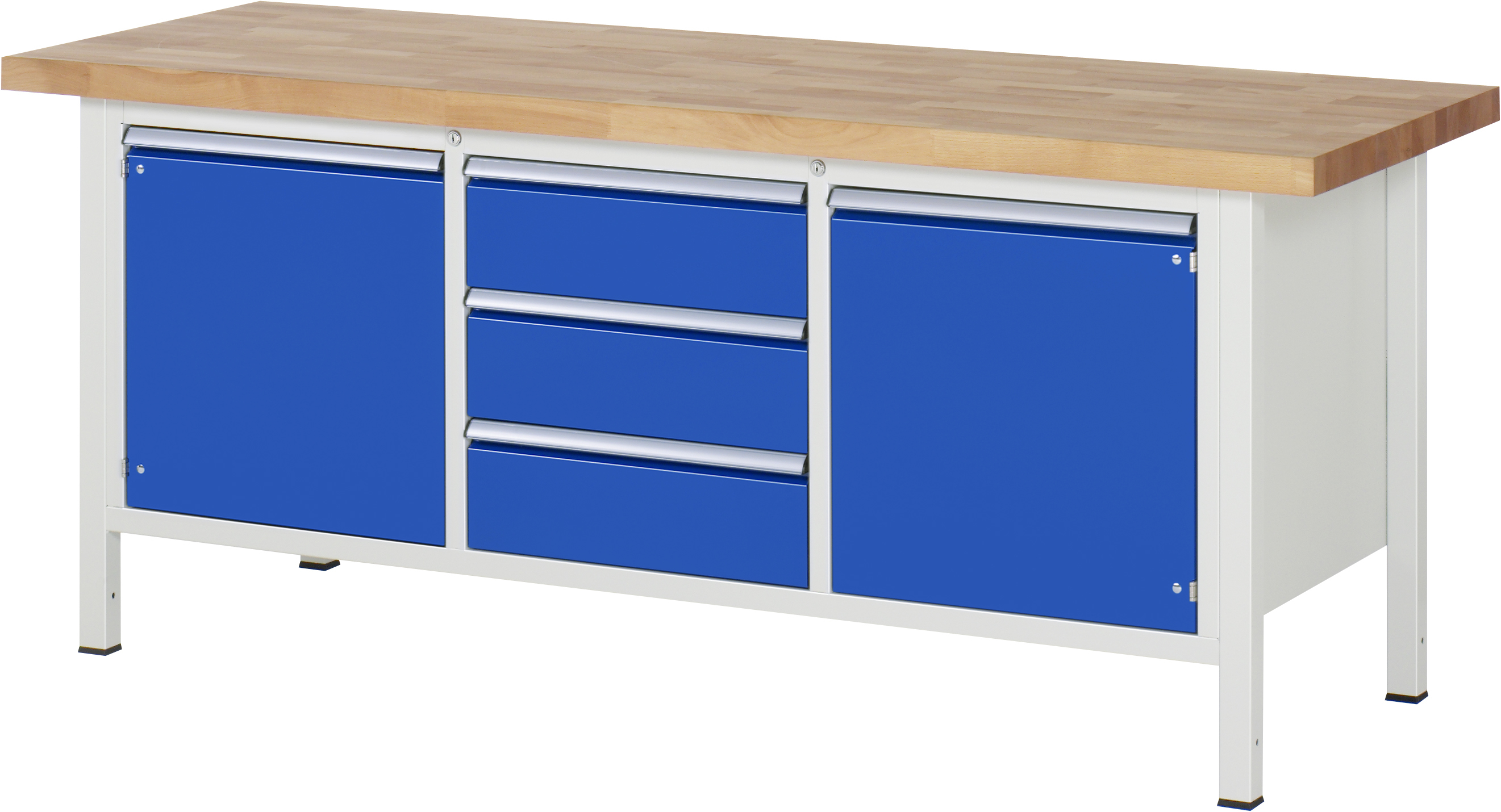 Workbench with 3 drawers (180) and 2 doors (540) - Width 2000 x depth 700 x height 840-1040 mm with solid beech worktop, surface load max. 1250 kg, fully assembled 