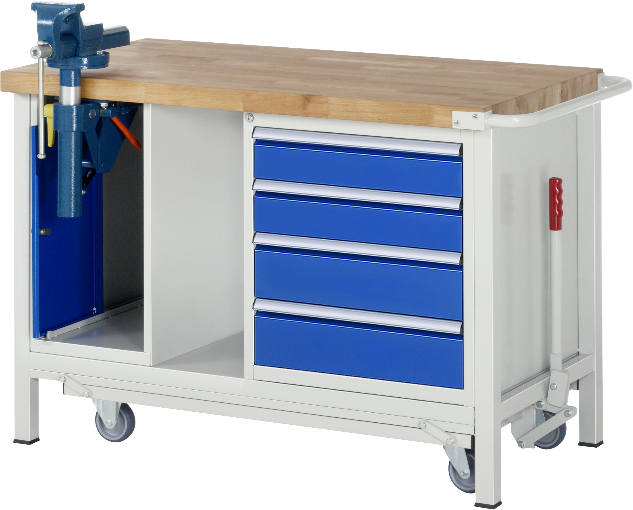 Workbench with lowerable undercarriage - Width 1250 x depth 700 x height 880 mm with solid beech worktop, 4 drawers (2x120, 2x150), vice on folding lift 