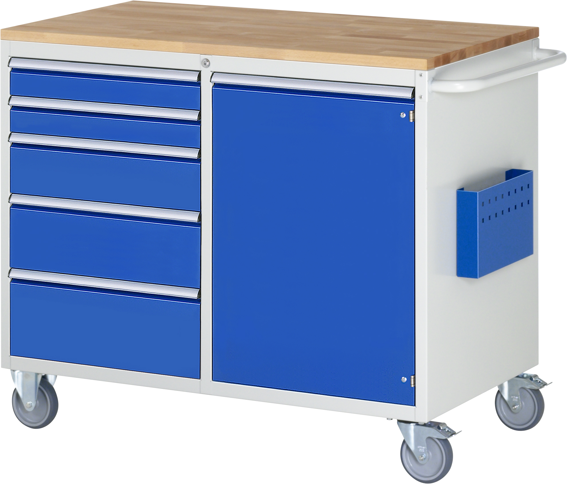 Assembly trolley with 5 drawers and 1 door - Width 1145 x depth 650 x height 975 mm, drawers: 90-90-150-150-210 (partial extension, load capacity 100 kg), door 540 